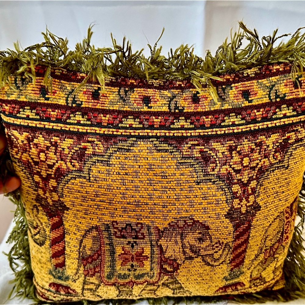 Vintage Decorative Elephant Tapestry Pillow Green Burgundy Square 11.5” Fringe - Picture 5 of 12